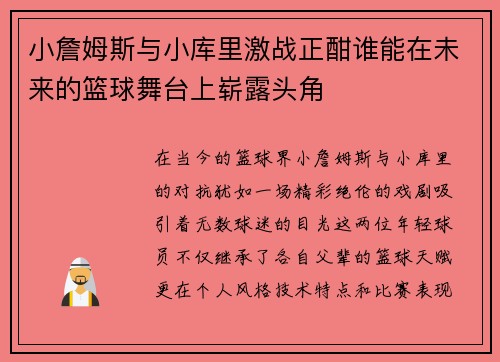 小詹姆斯与小库里激战正酣谁能在未来的篮球舞台上崭露头角